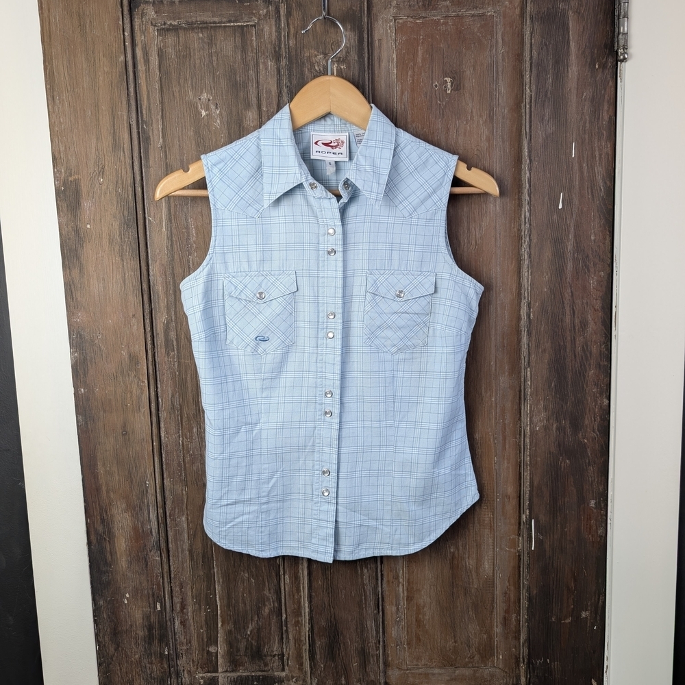Roper Sleeveless Pearl Snap Western Top Blue Plaid Womens Small Cowgirl Tank